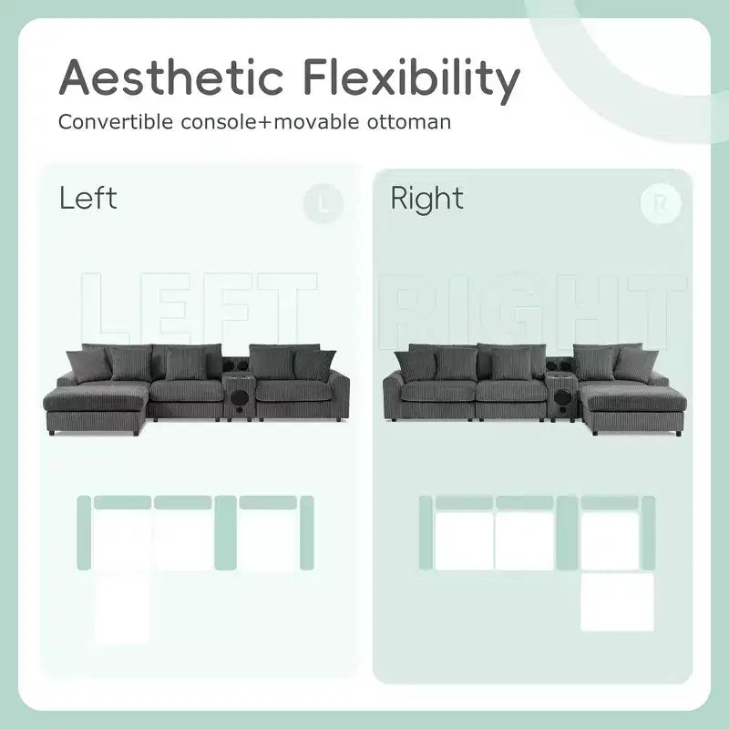 Divano componibile a L a 4 posti Whisen, comoda chaise longue convertibile, console, altoparlanti Bluetooth, porte USB, portabicchieri