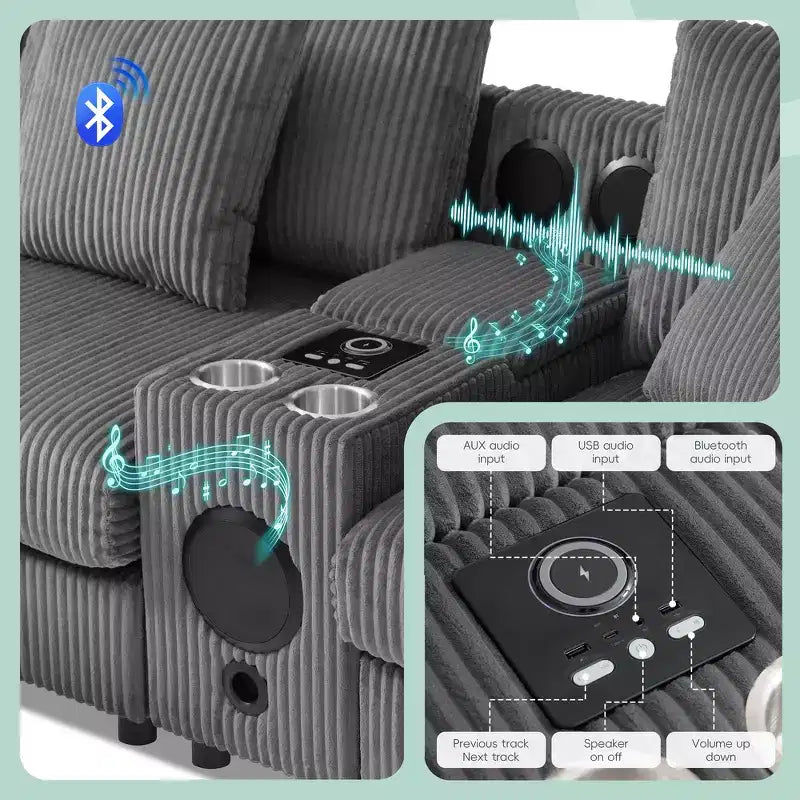 Divano componibile a L a 4 posti Whisen, comoda chaise longue convertibile, console, altoparlanti Bluetooth, porte USB, portabicchieri