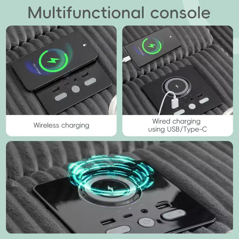 Divano componibile a L a 4 posti Whisen, comoda chaise longue convertibile, console, altoparlanti Bluetooth, porte USB, portabicchieri