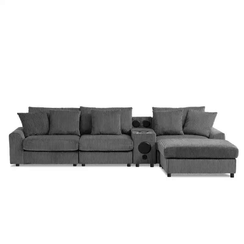 Divano componibile a L a 4 posti Whisen, comoda chaise longue convertibile, console, altoparlanti Bluetooth, porte USB, portabicchieri