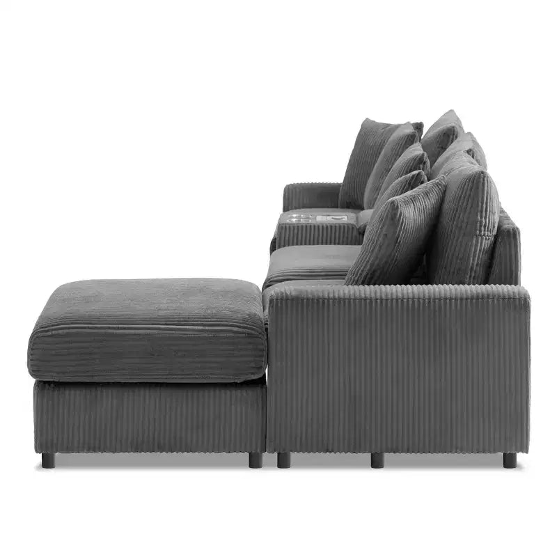 Divano componibile a L a 4 posti Whisen, comoda chaise longue convertibile, console, altoparlanti Bluetooth, porte USB, portabicchieri
