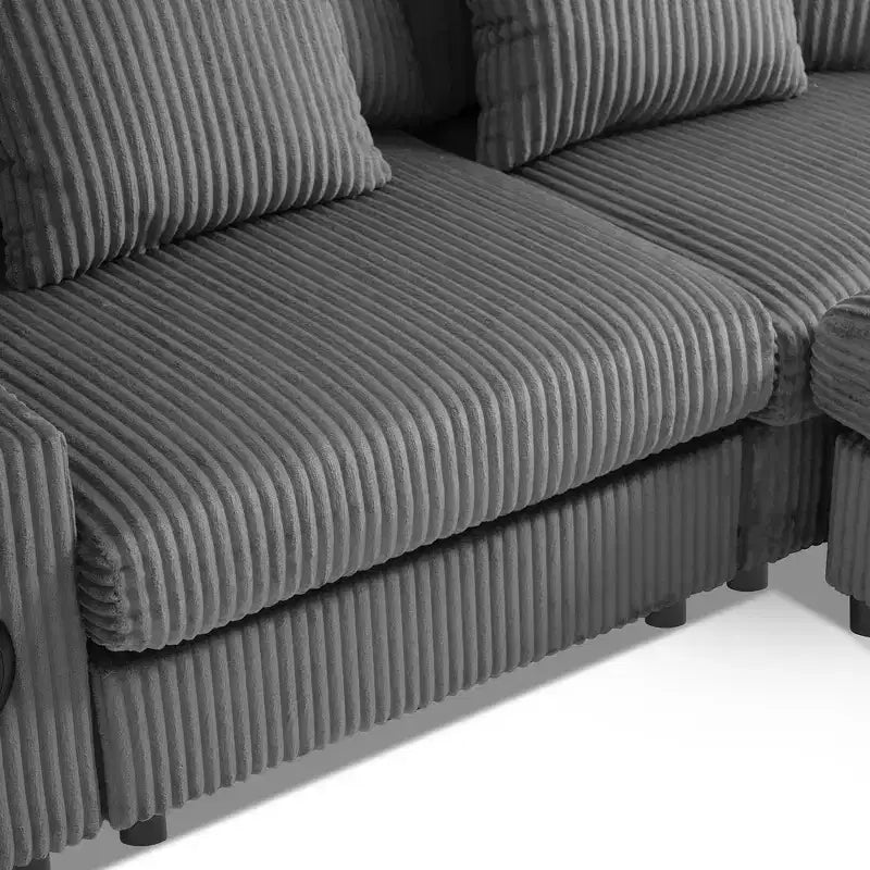 Divano componibile a L a 4 posti Whisen, comoda chaise longue convertibile, console, altoparlanti Bluetooth, porte USB, portabicchieri