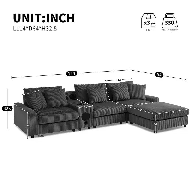 Divano componibile a L a 4 posti Whisen, comoda chaise longue convertibile, console, altoparlanti Bluetooth, porte USB, portabicchieri