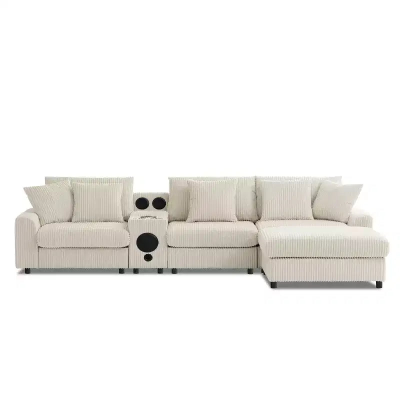 Divano componibile a L a 4 posti Whisen, comoda chaise longue convertibile, console, altoparlanti Bluetooth, porte USB, portabicchieri