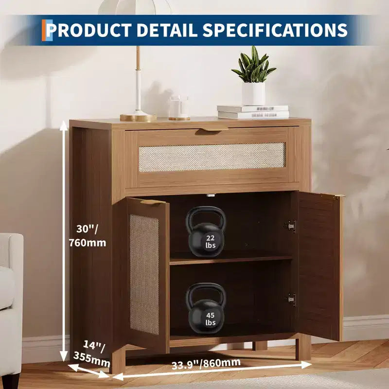 Madia/Buffet in Rattan, Mobiletto/Credenza da Caffè con Cassetto e Ripiani Regolabili, Tavolino Console/Porta TV, Mobile Dispensa da Cucina