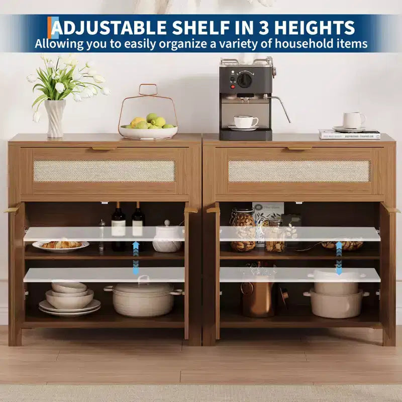 Madia/Buffet in Rattan, Mobiletto/Credenza da Caffè con Cassetto e Ripiani Regolabili, Tavolino Console/Porta TV, Mobile Dispensa da Cucina