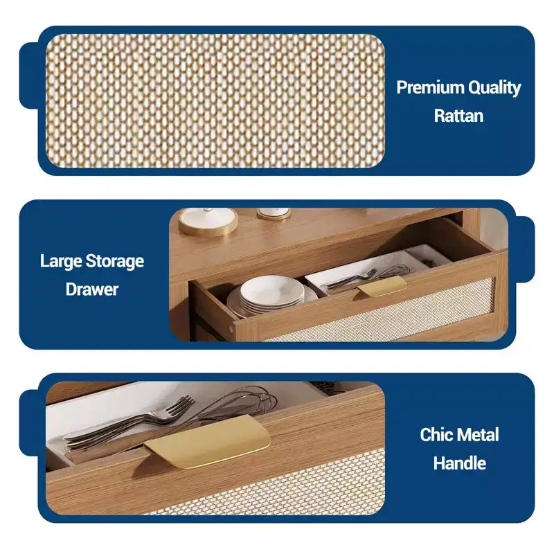 Madia/Buffet in Rattan, Mobiletto/Credenza da Caffè con Cassetto e Ripiani Regolabili, Tavolino Console/Porta TV, Mobile Dispensa da Cucina
