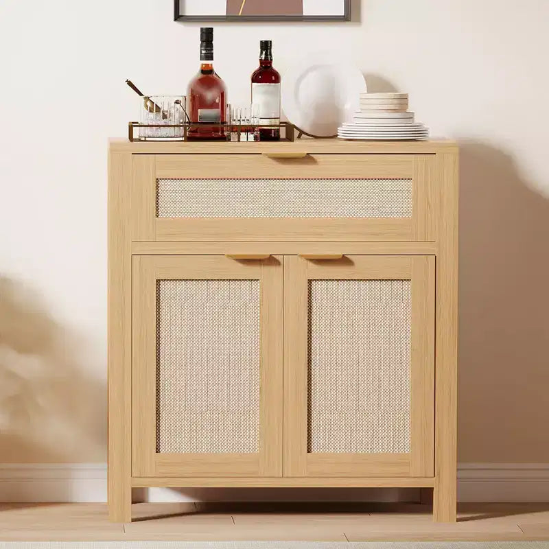 Meuble buffet en rotin, meuble de bar à café avec tiroir et étagères réglables, meuble TV, meuble de rangement de cuisine