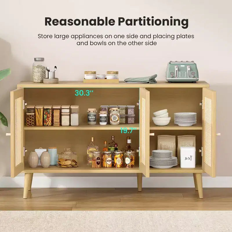 PexFix Madia Credenza Mobile da Cucina con 3 Ante in Rattan e Ripiani Regolabili