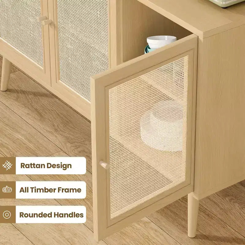 PexFix Madia Credenza Mobile da Cucina con 3 Ante in Rattan e Ripiani Regolabili