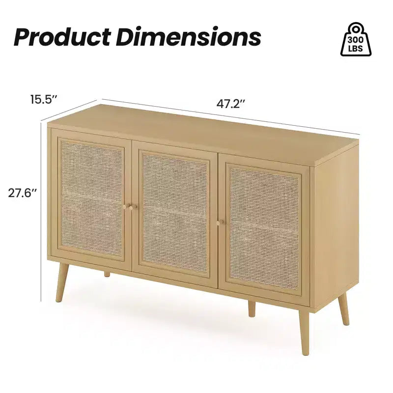 PexFix Madia Credenza Mobile da Cucina con 3 Ante in Rattan e Ripiani Regolabili