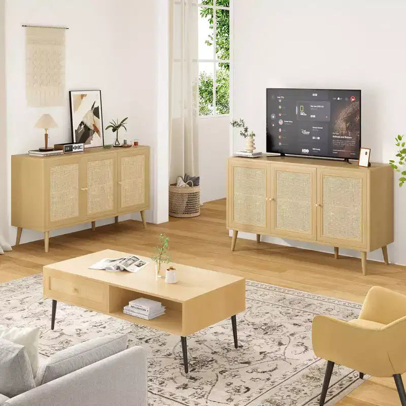 PexFix Madia Credenza Mobile da Cucina con 3 Ante in Rattan e Ripiani Regolabili