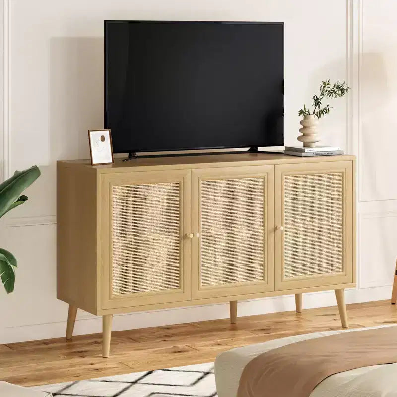 PexFix Madia Credenza Mobile da Cucina con 3 Ante in Rattan e Ripiani Regolabili