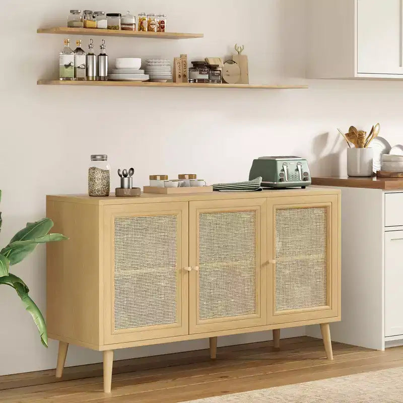 PexFix Madia Credenza Mobile da Cucina con 3 Ante in Rattan e Ripiani Regolabili