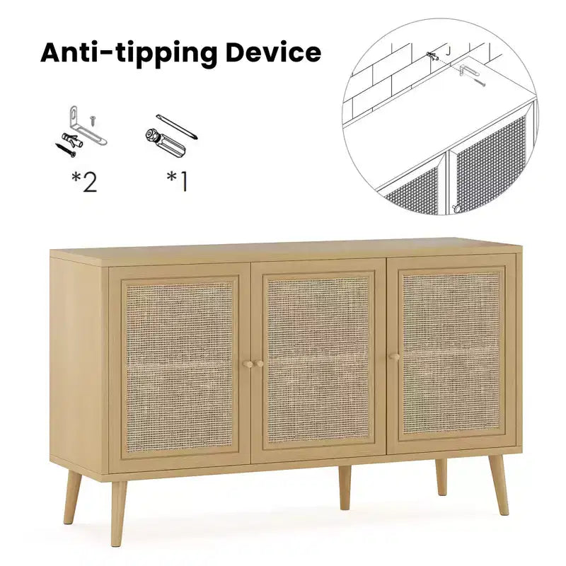 PexFix Madia Credenza Mobile da Cucina con 3 Ante in Rattan e Ripiani Regolabili