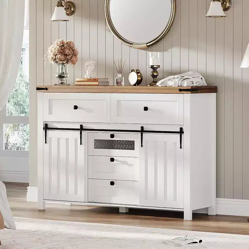 Farmhouse Buffet Cabinet, with 5 Drawers and Sliding Barn Doors, Wood Coffee Bar Table with Adjustable Shelf for Living Room, Dining Room