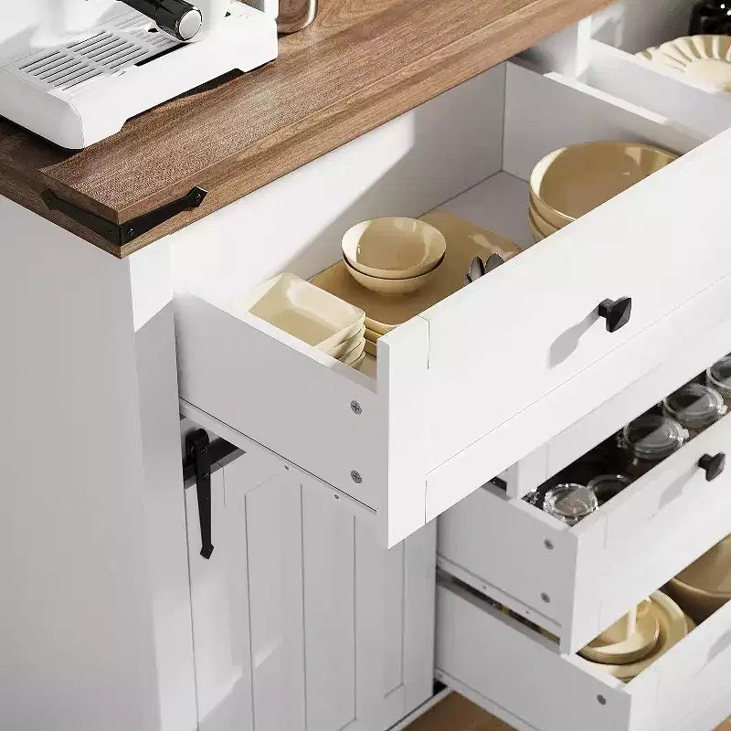 Mobile buffet rustico con 5 cassetti e ante scorrevoli a granaio, tavolo da caffè in legno con ripiano regolabile per soggiorno, sala da pranzo