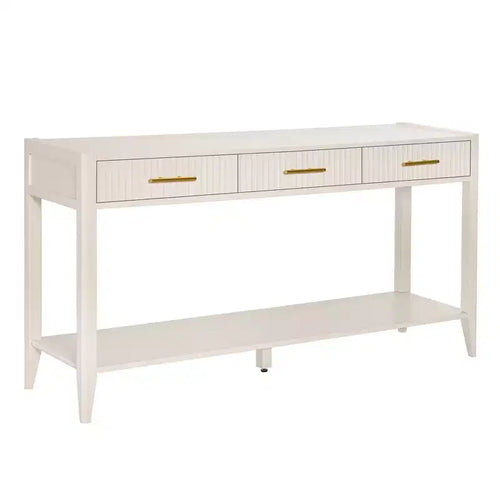 Consolle Verniciata da 60 pollici con 3 Cassetti, Tavolo da Ingresso in Legno con Ripiano Portaoggetti, Tavolo da Divano Rustico per Soggiorno, Beige