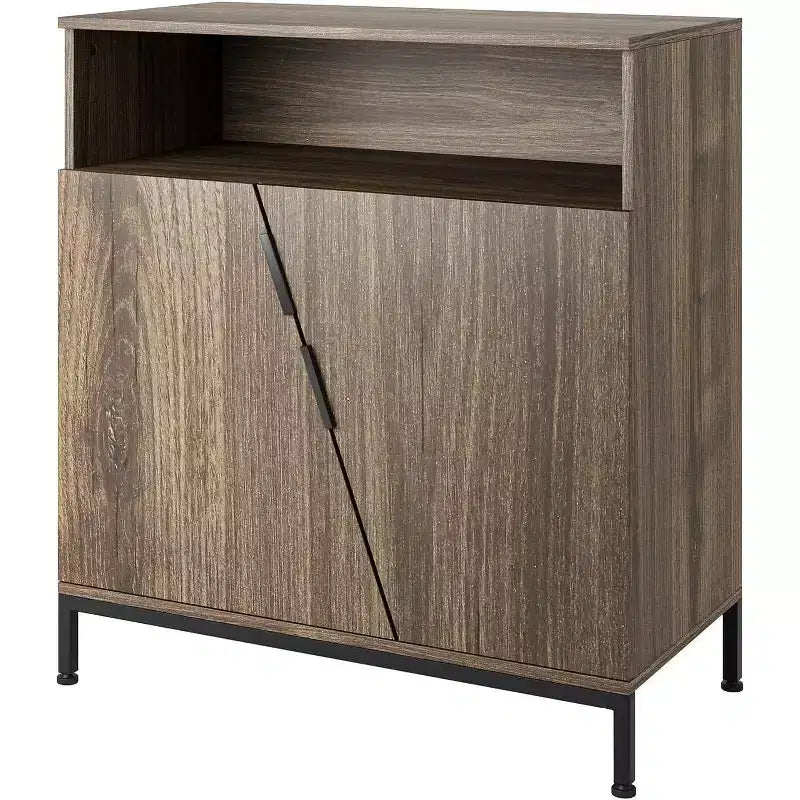 Storage Cabinet with Doors and Shelves, Metal Frame Oblique Door Sideboard for Living Room, Bedroom, Enterway, Hallway, Brown