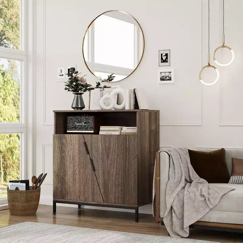 Meuble de rangement avec portes et étagères, buffet à porte oblique à cadre métallique pour salon, chambre, entrée, couloir, marron