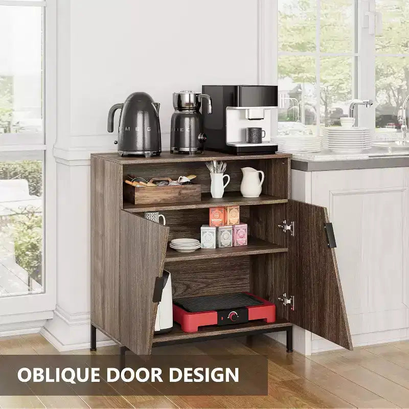 Meuble de rangement avec portes et étagères, buffet à porte oblique à cadre métallique pour salon, chambre, entrée, couloir, marron