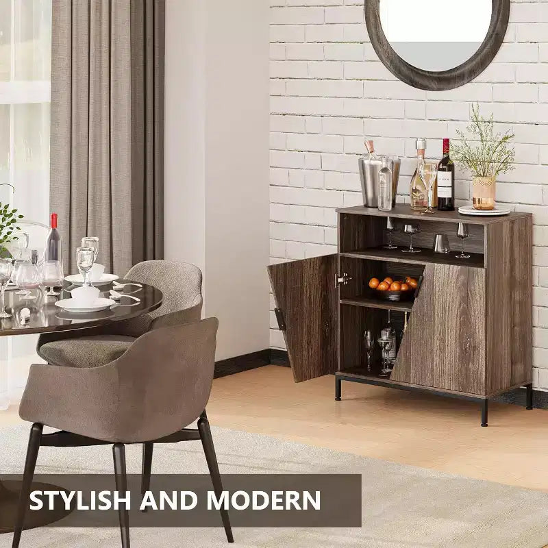 Meuble de rangement avec portes et étagères, buffet à porte oblique à cadre métallique pour salon, chambre, entrée, couloir, marron