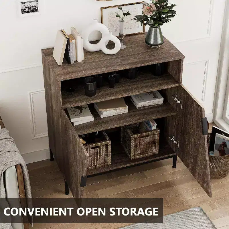 Meuble de rangement avec portes et étagères, buffet à porte oblique à cadre métallique pour salon, chambre, entrée, couloir, marron