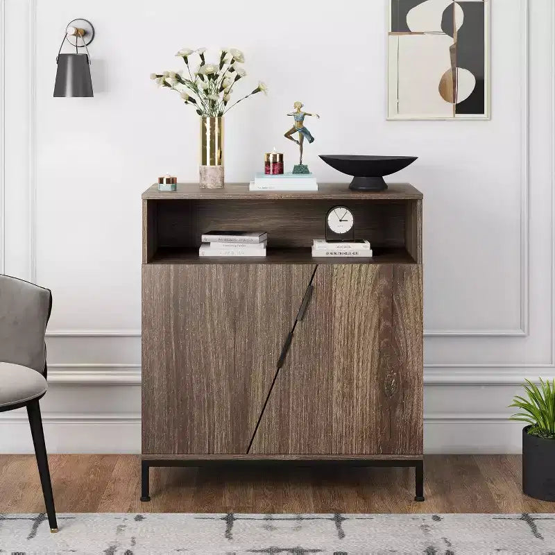Meuble de rangement avec portes et étagères, buffet à porte oblique à cadre métallique pour salon, chambre, entrée, couloir, marron