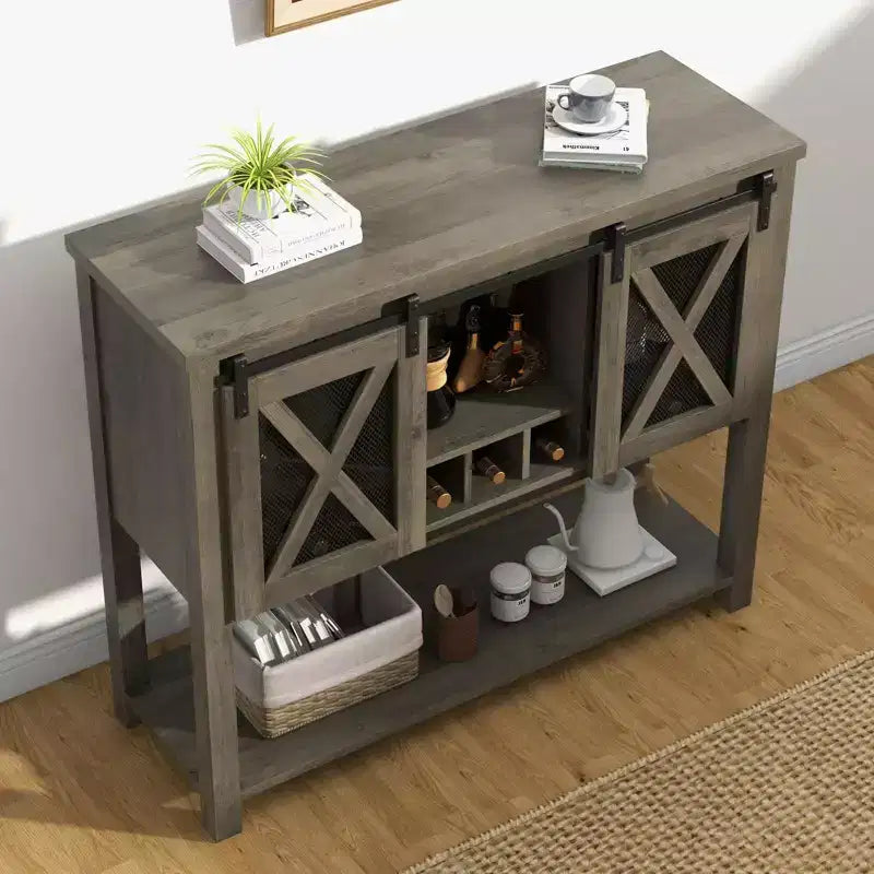 Mobiletto da Bar per Caffè, Credenza a Buffet in Stile Rustico con Ante Scorrevoli a Granaio, Portabottiglie, Ripiano Aperto