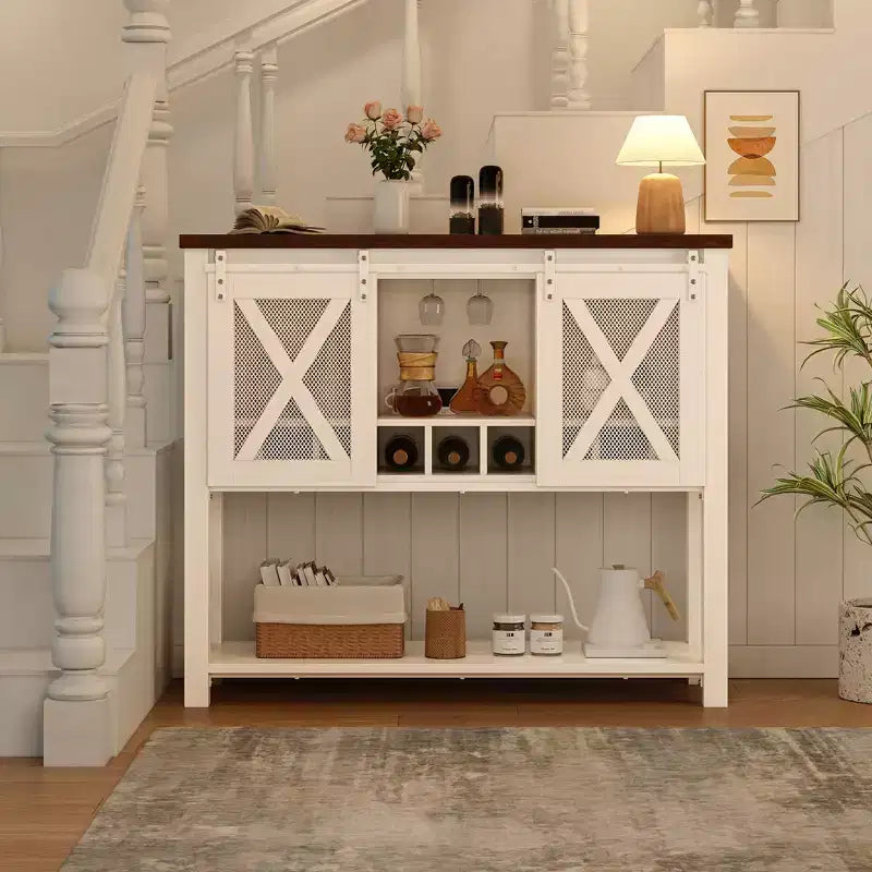 Mobiletto da Bar per Caffè, Credenza a Buffet in Stile Rustico con Ante Scorrevoli a Granaio, Portabottiglie, Ripiano Aperto