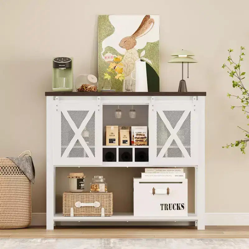 Mobiletto da Bar per Caffè, Credenza a Buffet in Stile Rustico con Ante Scorrevoli a Granaio, Portabottiglie, Ripiano Aperto