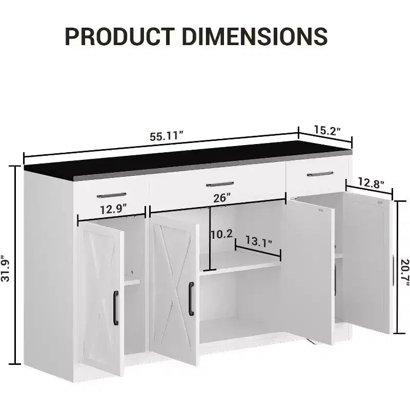 Mobile credenza a buffet da 55 pollici con 3 cassetti e 4 ante, armadietto da buffet, mobile bar da fattoria