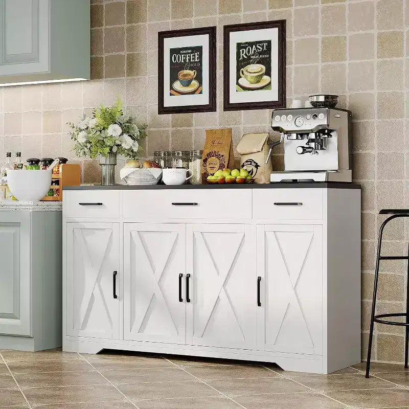 Mobile credenza a buffet da 55 pollici con 3 cassetti e 4 ante, armadietto da buffet, mobile bar da fattoria