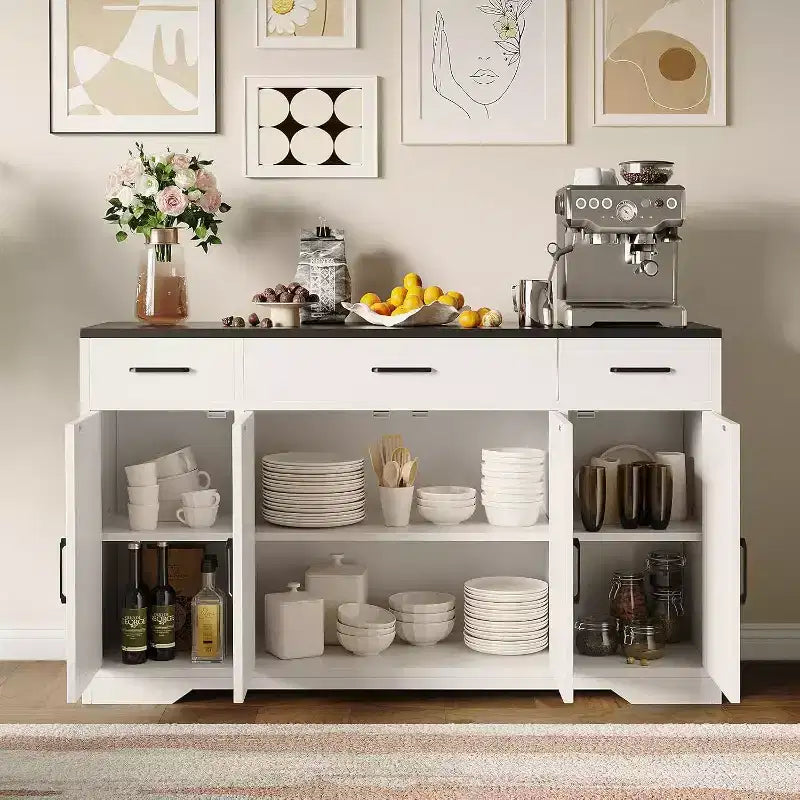 Mobile credenza a buffet da 55 pollici con 3 cassetti e 4 ante, armadietto da buffet, mobile bar da fattoria