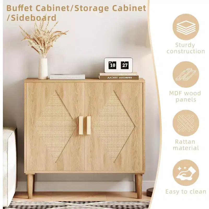 Mobile buffet CuisinSmart, mobile contenitore con 2 ante in rattan, credenza, mobile d'accento per soggiorno, sala da pranzo, ingresso
