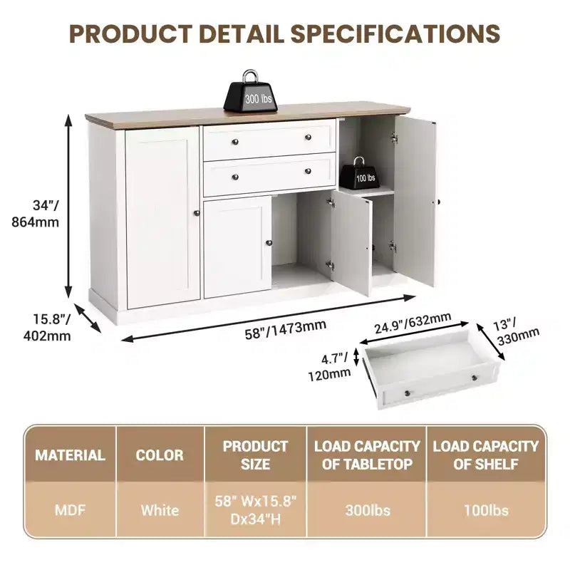 TROPOW 58 Buffet Bahut avec Rangement avec 4 Portes et 2 Tiroirs, Meuble de Rangement de Cuisine en Bois Style Ferme, Meuble de Rangement, Meuble Bar à Café