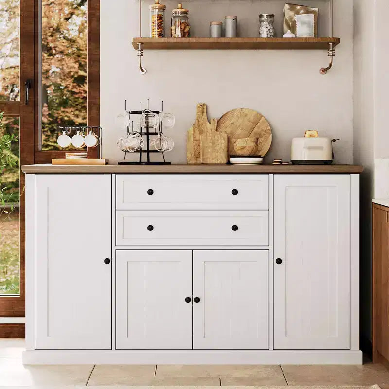 TROPOW 58 Buffet Bahut avec Rangement avec 4 Portes et 2 Tiroirs, Meuble de Rangement de Cuisine en Bois Style Ferme, Meuble de Rangement, Meuble Bar à Café