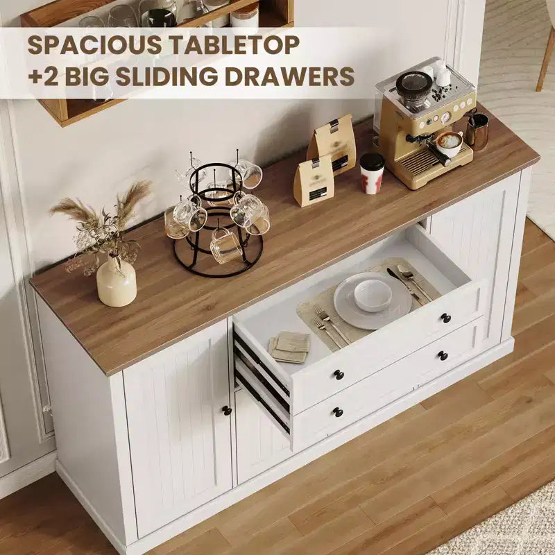TROPOW 58 Buffet Bahut avec Rangement avec 4 Portes et 2 Tiroirs, Meuble de Rangement de Cuisine en Bois Style Ferme, Meuble de Rangement, Meuble Bar à Café