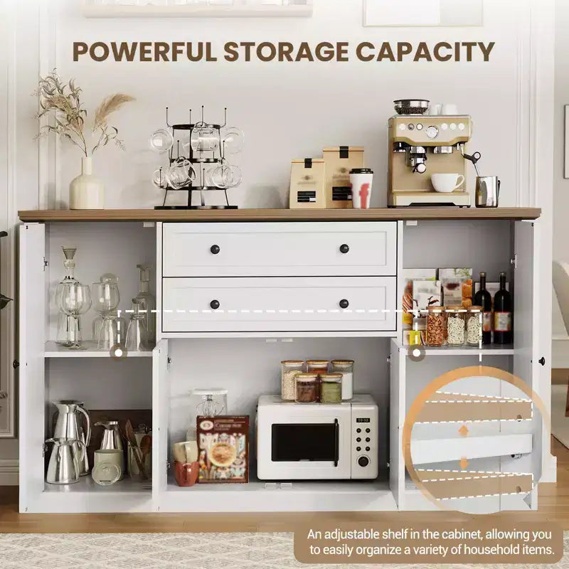 TROPOW 58 Buffet Bahut avec Rangement avec 4 Portes et 2 Tiroirs, Meuble de Rangement de Cuisine en Bois Style Ferme, Meuble de Rangement, Meuble Bar à Café