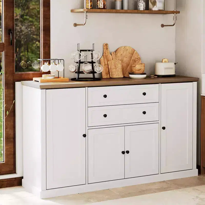 TROPOW 58 Buffet Bahut avec Rangement avec 4 Portes et 2 Tiroirs, Meuble de Rangement de Cuisine en Bois Style Ferme, Meuble de Rangement, Meuble Bar à Café