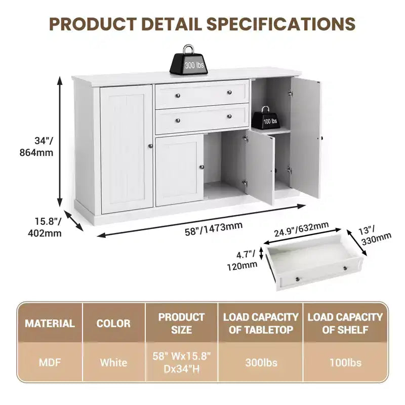 TROPOW 58 Buffet Bahut avec Rangement avec 4 Portes et 2 Tiroirs, Meuble de Rangement de Cuisine en Bois Style Ferme, Meuble de Rangement, Meuble Bar à Café