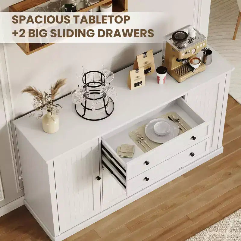 TROPOW 58 Buffet Bahut avec Rangement avec 4 Portes et 2 Tiroirs, Meuble de Rangement de Cuisine en Bois Style Ferme, Meuble de Rangement, Meuble Bar à Café