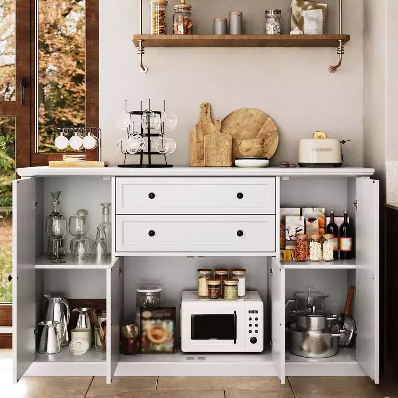 TROPOW 58 Buffet Bahut avec Rangement avec 4 Portes et 2 Tiroirs, Meuble de Rangement de Cuisine en Bois Style Ferme, Meuble de Rangement, Meuble Bar à Café