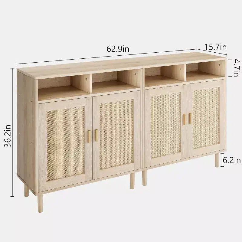 Madia moderna in rattan - Armadietto a due ante con ripiani, 91 cm di altezza, Naturale
