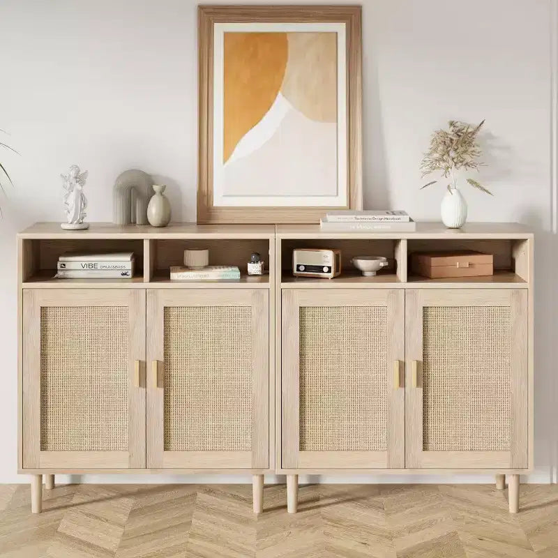 Madia moderna in rattan - Armadietto a due ante con ripiani, 91 cm di altezza, Naturale