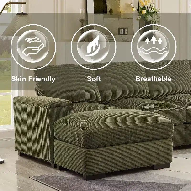 Divano sezionale Dovelina con seduta profonda verde e pouf, 4 posti