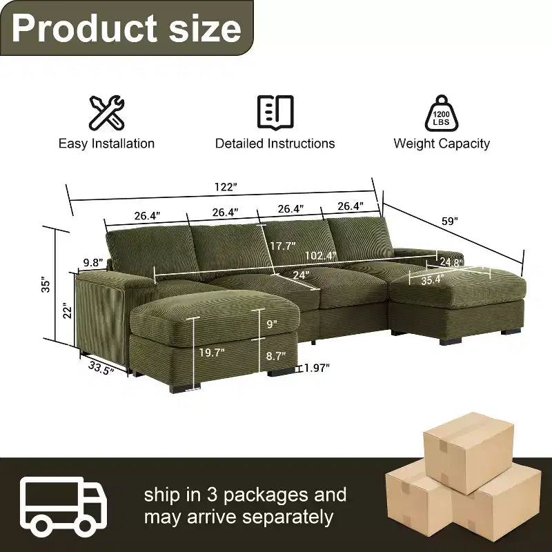 Divano sezionale Dovelina con seduta profonda verde e pouf, 4 posti