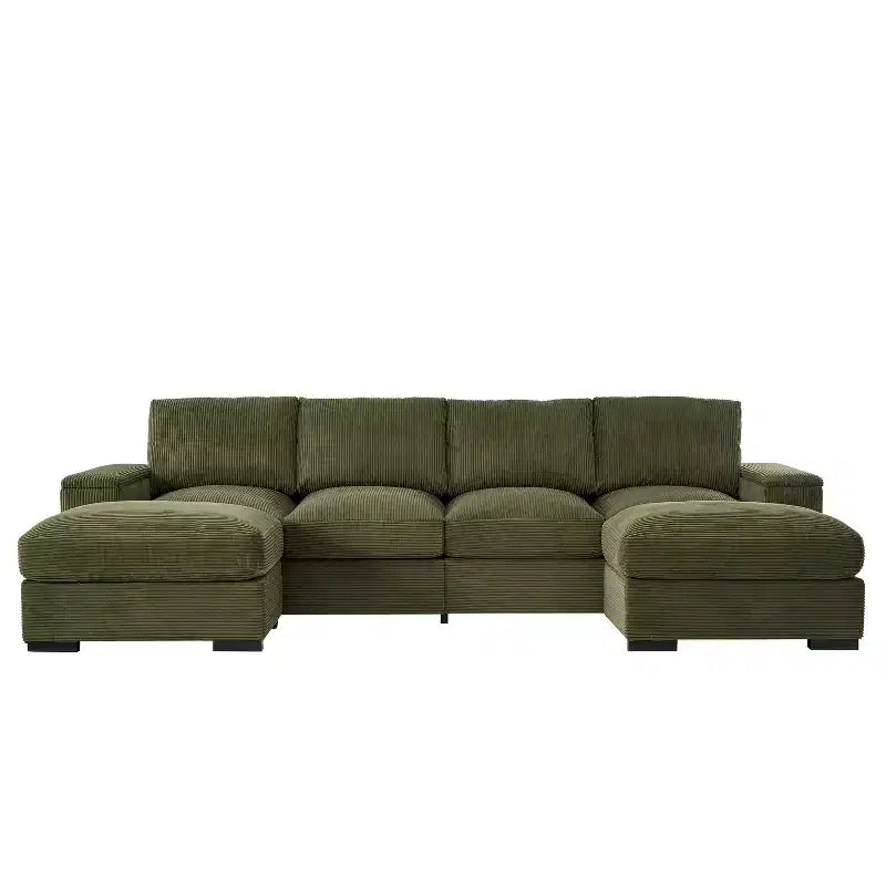 Divano sezionale Dovelina con seduta profonda verde e pouf, 4 posti