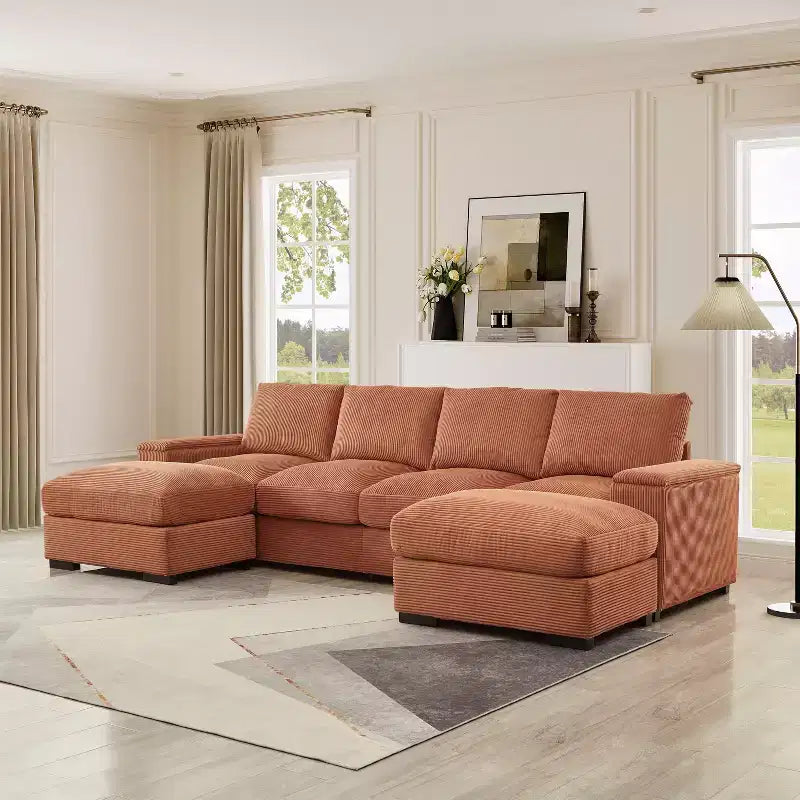 Divano sezionale Dovelina con seduta profonda verde e pouf, 4 posti