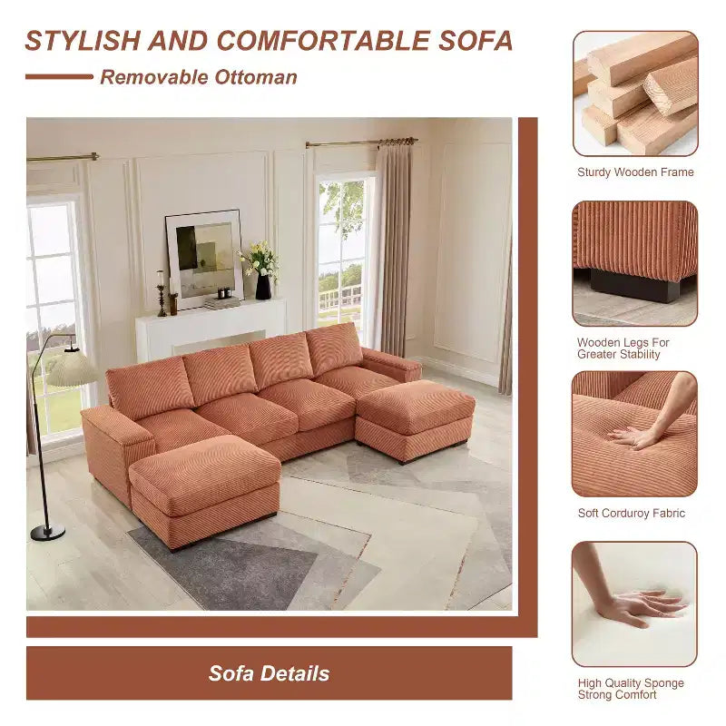 Divano sezionale Dovelina con seduta profonda verde e pouf, 4 posti
